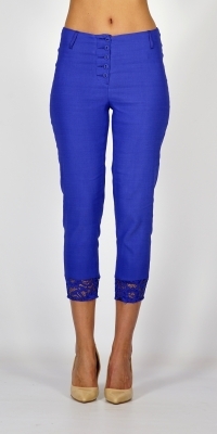 Дамски летен еластичен панталон във френско синьо с дантела 60461