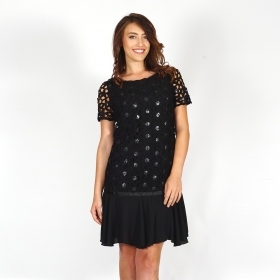 Black Formal Dress With Short Sleeves Made of Lace, Sequins, Chiffon And Eco Leather 20728