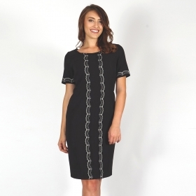 Elegant Black Lady Dress with Seal Lace with White Decoration and Short Sleeve 20691