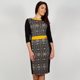 Elegant Black Jersey Fully Lined Dress with Yellow Neckline and Belt 20689