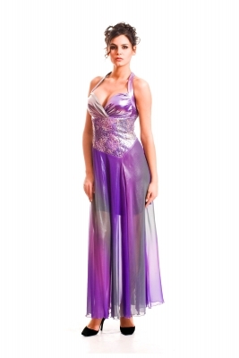 Бутикова дълга дамска рокля в лилави метални нюанси от дантела и шифон 20217