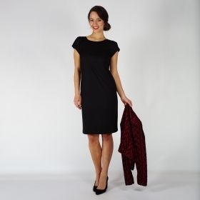  Елегантна дамска черна рокля с лека еластичност, хастар и къс ръкав 20735