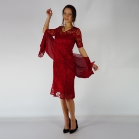 Ladies Formal Set Composed Of Lace  Dress In Royal Red Color And  Red Chiffon Scarf 20723