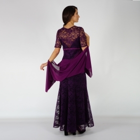Официална дълга дантелена тъмно лилава дамска рокля с  къс ръкав 20722