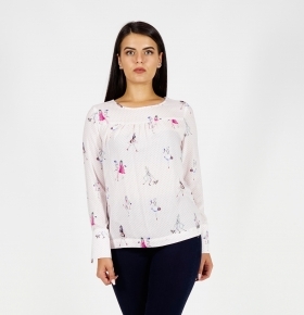 Elegant Ladies White Viscose Blouse With Cute Print Of Fashion Girls and Panel 10884