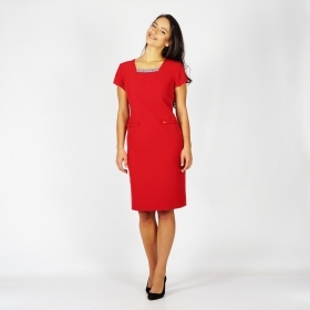 Дамска елегантна червена рокля с пипит на деколтето, къс ръкав и хастар 20797