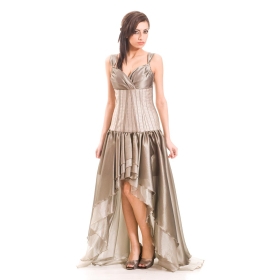 Дълга официална бутикова дамска рокля от органза в метално перлено сиво 20099