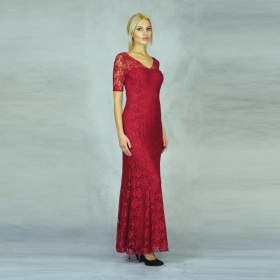 Официална елегантна дълга червена дантелена дамска рокля 20583